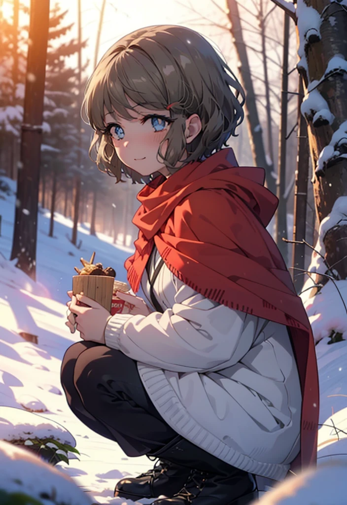 tomoekoga, Chie Koga, short hair, Brown Hair, blue eyes, hair band,smile,blush,White Breath,Mid-chest,
Open your mouth,snow,Ground bonfire, Outdoor, boots, snowing, From the side, wood, suitcase, Cape, Blurred, having meal, forest, White handbag, nature,  Squat, Mouth closed, Cape, winter, Written boundary depth, Black shoes, red Cape break looking at viewer, Upper Body, whole body, break Outdoor, forest, nature, break (masterpiece:1.2), highest quality, High resolution, unity 8k wallpaper, (shape:0.8), (Beautiful and beautiful eyes:1.6), Highly detailed face, Perfect lighting, Highly detailed CG, (Perfect hands, Perfect Anatomy),