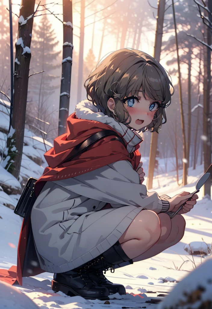 tomoekoga, Chie Koga, short hair, Brown Hair, blue eyes, hair band,smile,blush,White Breath,Mid-chest,
Open your mouth,snow,Ground bonfire, Outdoor, boots, snowing, From the side, wood, suitcase, Cape, Blurred, having meal, forest, White handbag, nature, Squat, Mouth closed, Cape, winter, Written boundary depth, Black shoes, red Cape break looking at viewer, Upper Body, whole body, break Outdoor, forest, nature, break (masterpiece:1.2), highest quality, High resolution, unity 8k wallpaper, (shape:0.8), (Beautiful and beautiful eyes:1.6), Highly detailed face, Perfect lighting, Highly detailed CG, (Perfect hands, Perfect Anatomy),