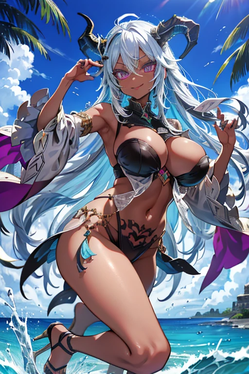 Cumulonimbus,Surrounded by water, reflection,Breathtakingly beautiful clouds,Light,Dazzling Light,Cinematic Light.The wind is blowing,Vast ocean,
White sand beach,Coconut Tree,Sparkling Splashes, 
embarrassed, smile, Open your mouth,   (((vulgarity))), 

High resolution,Sharp focus,(Super detailed,Very detailed),(Very detailed CG unity 8k wallpaper),(((Vibrant colors))),{best illustration},
{{{{{Fediel(gran blue fantasy)}}}}}, 1woman,Complex eyes,Beautiful fine details,Symmetrical eyes,(complete ),
(Realistic eyes, 自然なskinの質感, Realistic facial details),Seductive eyes, 
(((dark skin,dark_skin,lustrous skin:1.5,bright skin: 1.5,(Big black devil horns),Muscular,
skin tanned, shiny skin,very shiny skin,Shiny body,plastic glitterskin,exaggerated shiny skin,illuminated skin))), 
(Detailed body),(Detailed face)),Alluring,Lewd,erotic,Bold,Camel Toe,Revealing clothing,show skin,  
(((Glamorous clothing))),single thigh high, wide sleeves, white sleeves, Purple eyes, (, Glamour:1.1), 
Tall Woman,Long Hair, Grey Hair, Purple Nails,(Flying debris, 超High resolution),Wear an iridescent aura,
Invisible Light, Amazing shine, Neon purple glow, The colors of another world,Bright colors, Ghostly Effects,Ruby Jewelry,Black high heels with gold decoration and feathers,(pubic hair),Removable sleeves,wearing black string , A long black and white cloth is wrapped around his waist.,
pubic tattoo, glowing tattoo, Drooping water droplets, wet skin,

dynamic angle, dynamic pose,Arrogant look, 横暴なsmile,High Kick,Lift one leg,
