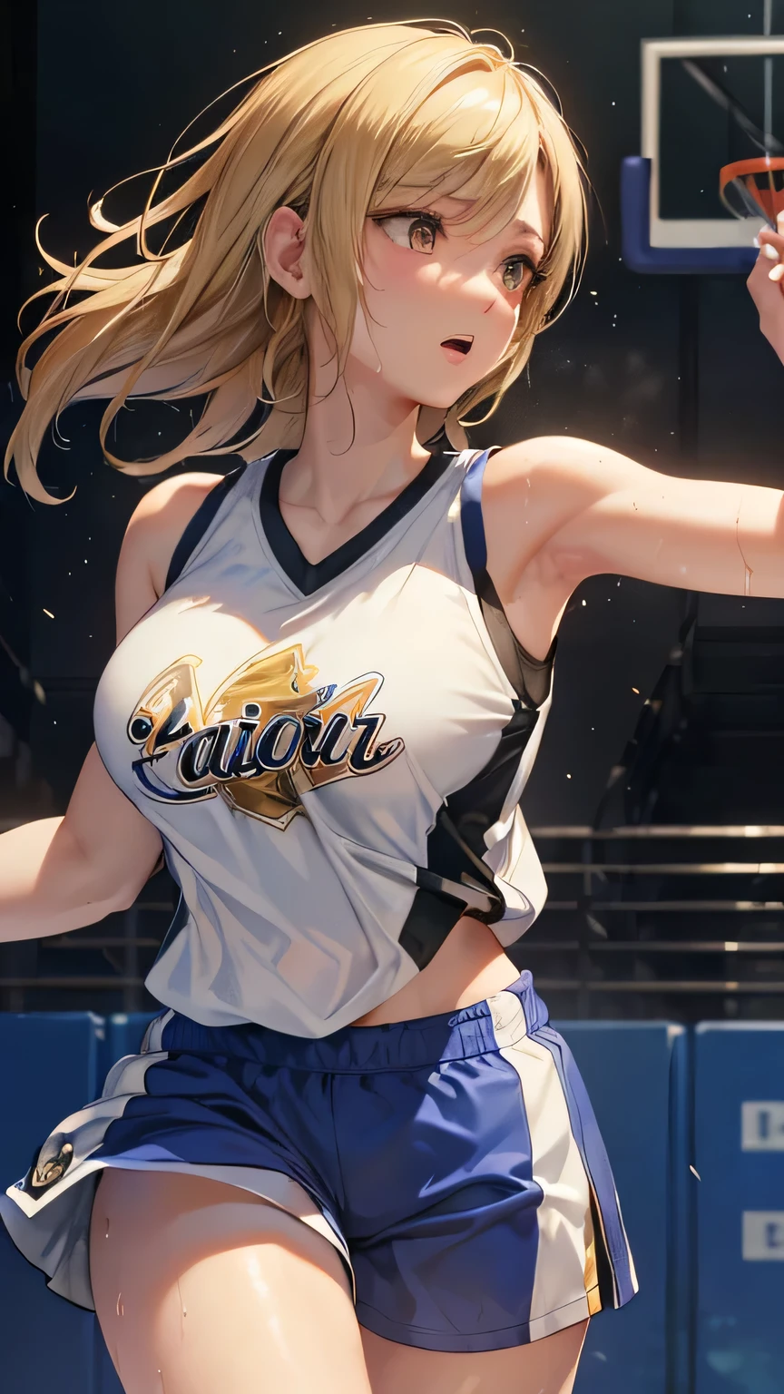 ((best quality)), ((masterpiece)), (detailed), perfect face, (best quality), (detailed skin:1.3), (intricate details), Female professional basketball player, NBA, ((dunk shot, bascketball)), under the goal, jumping, sweat pouring out, a scene during the game, tifa lockhart, cowboy shot, blonde hair