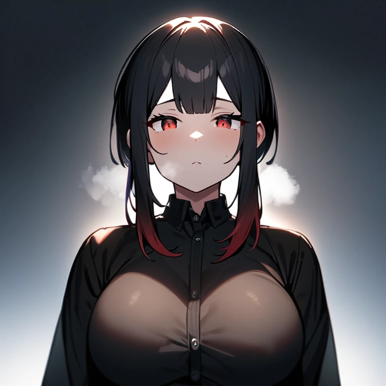 Explicit,nsfw,1girl,Solo,(red eyes and black eyes:1.3),light hair,grey eyes,best quality, very aesthetic, absurdres,eyes,breasts,attractive,adorable,simple,side locks,sideburns,bigbreast,(Gradient hair),(black hair:1.3),(Androgynous:1),(straight on),big breast,Good skin,straight hair,looking at viewer (red and black),(White Breath),upper body