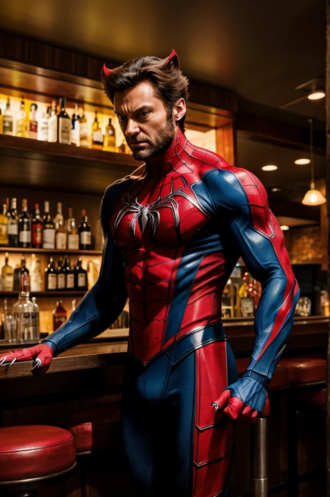 Wolverine with spidermen talk in a bar