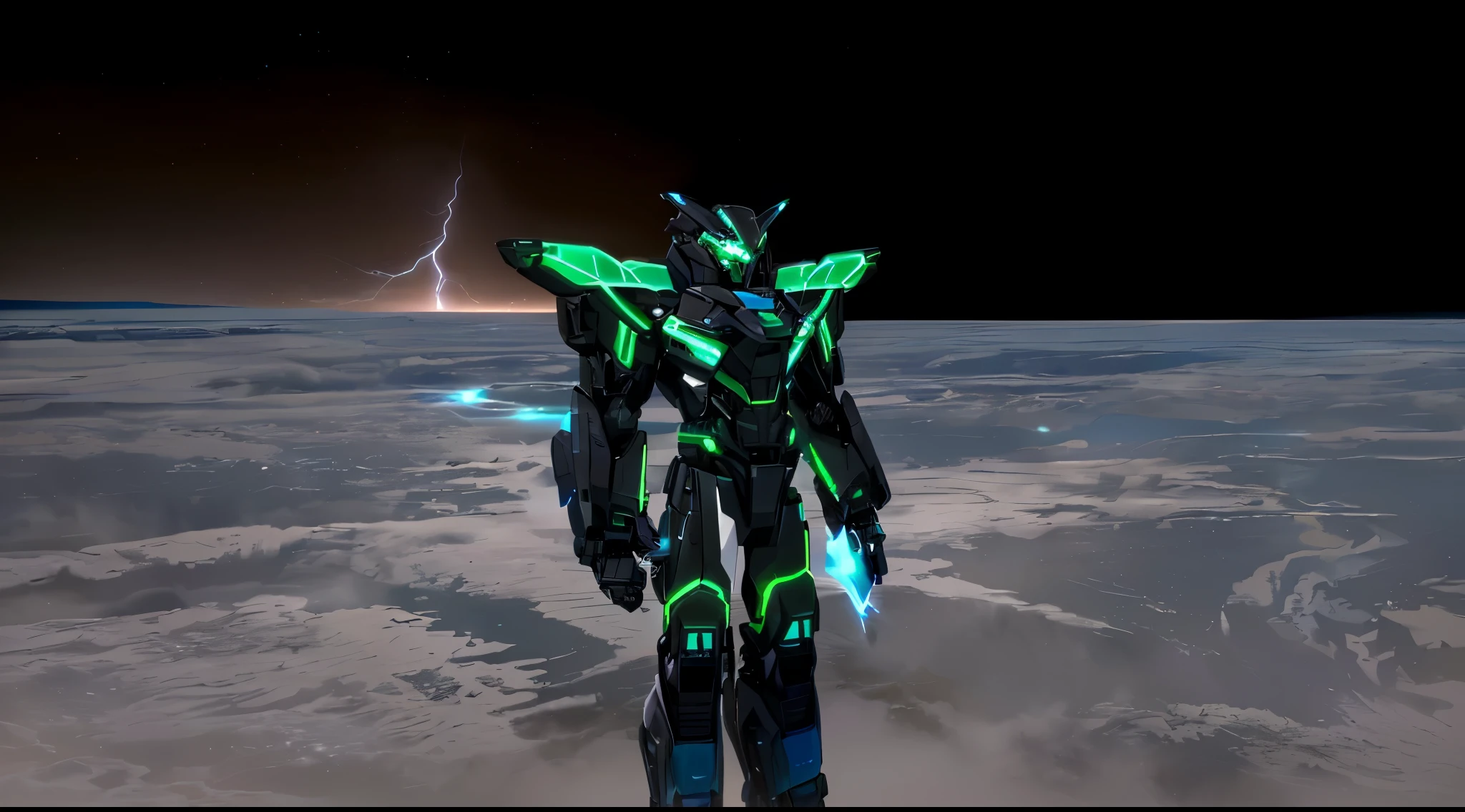 a black colored male transformer with green inserts, symmetrically arranged green parts, on the frontof the body not transparent cabin, on the back - aircraft's wings, arms from elbows to hands look like the front part of a aircraft, wheels are visible on the shoulders, on the legs from knees to the ankle there are aircraft's repulsors and small aircraft's tail wings, no helmet, light blue eyes, two legs, two arms, not a suit, on a background there is an empty dark blue metal desert, no buildings, no structures, dark blue storm clouds, light blue lightning from the clouds, blue river, river to the horizon, electrified river, light blue lightning from the river, space sky, stars in the sky, composition on the metal planet, big metalic planet, dark-blue metal, shiny metal, cybertron, mechanical planet, empty wasteland, dark blue storm clouds, light blue lightning from clouds, blue river, river to horizon, electrized river, light blue lightning from river, space sky, stars on the sky, realistic, watercolor, 4k, high quality, hight attention to details, concept art, concept art by Chris Mowry.