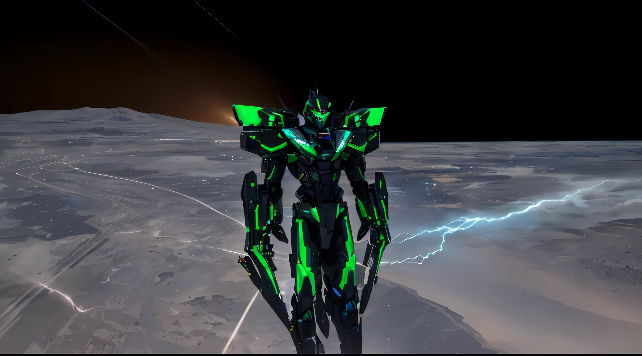 a black colored male transformer with green inserts, symmetrically arranged green parts, on the frontof the body not transparent cabin, on the back - aircraft's wings, arms from elbows to hands look like the front part of a aircraft, wheels are visible on the shoulders, on the legs from knees to the ankle there are aircraft's repulsors and small aircraft's tail wings, no helmet, light blue eyes, two legs, two arms, not a suit, on a background there is an empty dark blue metal desert, no buildings, no structures, dark blue storm clouds, light blue lightning from the clouds, blue river, river to the horizon, electrified river, light blue lightning from the river, space sky, stars in the sky, composition on the metal planet, big metalic planet, dark-blue metal, shiny metal, cybertron, mechanical planet, empty wasteland, dark blue storm clouds, light blue lightning from clouds, blue river, river to horizon, electrized river, light blue lightning from river, space sky, stars on the sky, realistic, watercolor, 4k, high quality, hight attention to details, concept art, concept art by Chris Mowry.