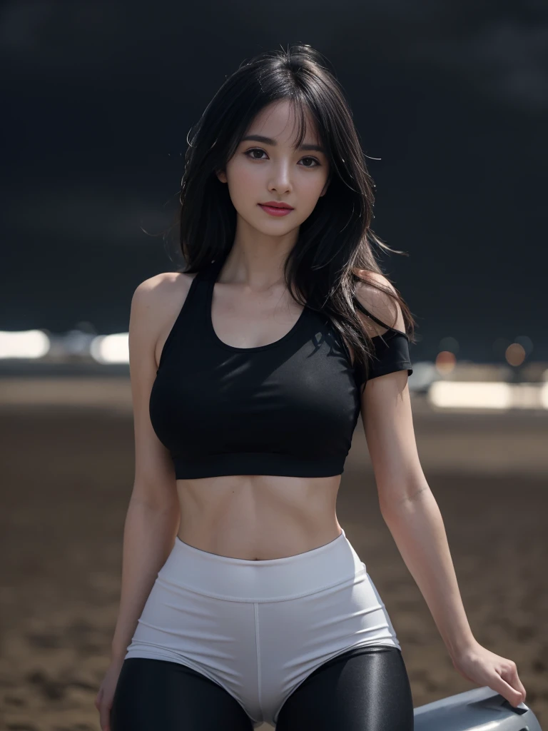Masterpiece, best image quality, high quality, beautiful women, Japan, detailed, detailed eyes, detailed skin, beautiful skin, beach, ultra high resolution, (realistic : 1.4), very beautiful, slightly younger face, beautiful skin, slim, (surreal) ) ) ) ), (high resolution), (8K), (highest image quality:1.35), high quality, Realistic photo, (A beautiful woman:1.33), beautiful expression, (delicate eyes:1.3), (delicate face:1.3 ) , Smile, (shiny hair:1.2), Super detailed , high resolution, Sporty figure, (big breasts:1.25), (long hair:1.2), (beautiful woman), ( Navel cute:1.2), (Depth of field f/1.8:1.45 ), sharp focus, original photo , (Thin black shirt:1.45), (Thin white pants:1.4), (Thin tight black pants:1.4 ), (sports bra:1.4), (Thick thighs:1.5), (Forward facing:1.25), (cowboy shots:1.4), (Night sports:1.4), (dark sky:1.5 ),