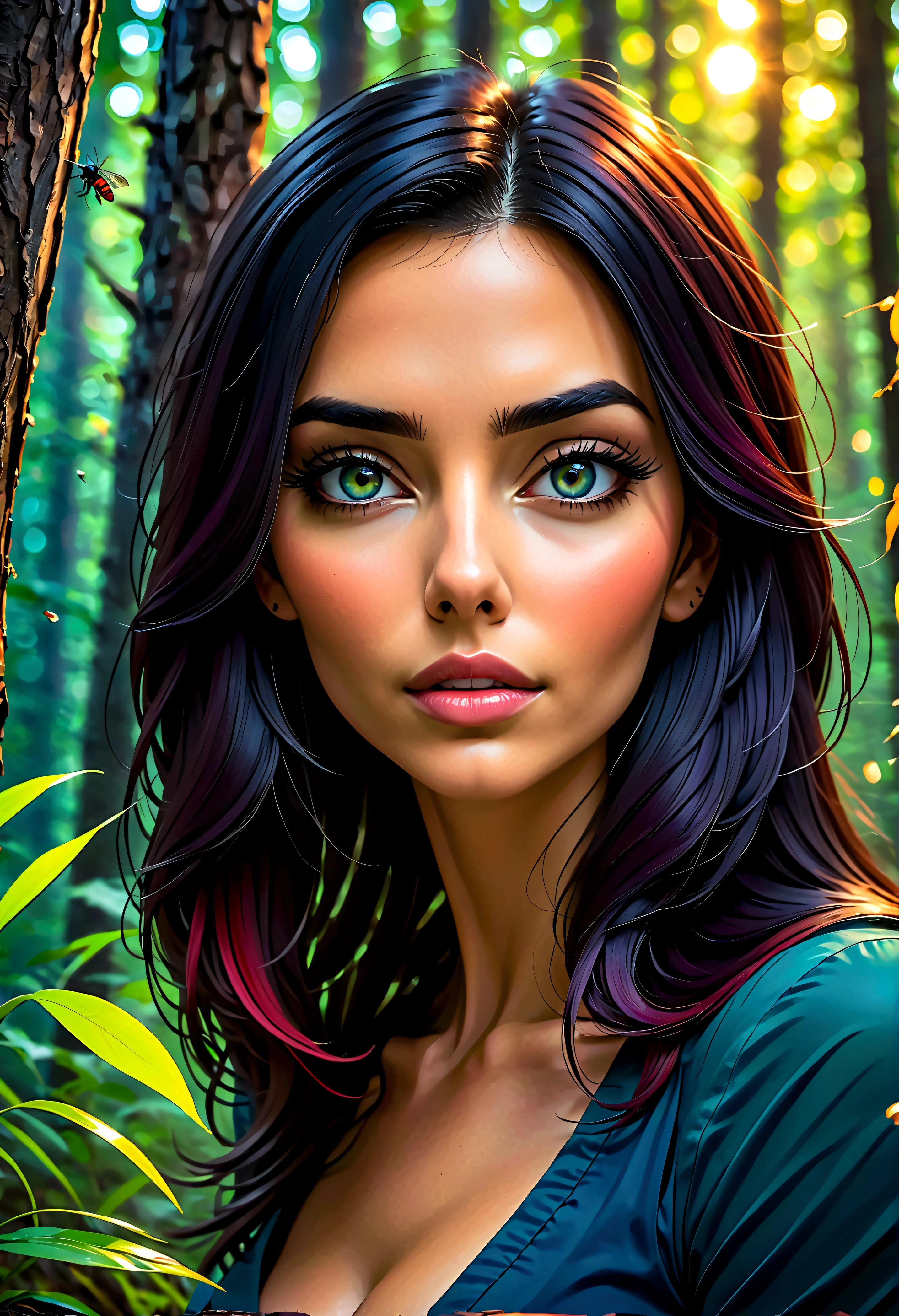 A captivating abstract portrait of a woman's face that artfully blends her features with a nighttime forest landscape filled with fireflies. The eyes, nose, and lips stand out in vivid contrast to the surrounding colors, creating a mesmerizing interplay of deep blues, purples, and vibrant hues of red, green, and yellow. The silhouette of the face, with its intense and evocative mood, is enhanced by the dynamic, chaotic environment in the background. This masterful piece combines elements of wildlife photography, illustration, painting, and conceptual art, evoking a powerful sense of emotion and passion., conceptual art, graffiti, wildlife photography, dark fantasy, painting, vibrant, illustration