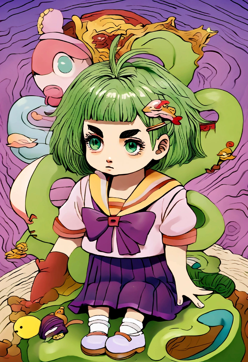 Green short hair，Green Eyes，Purple bow，Hairpin，Purple and sailor collar，Striped sailor suit，Blue pleated skirt，White socks，leather shoes，Antenna Hair，Doudou Eyebrows