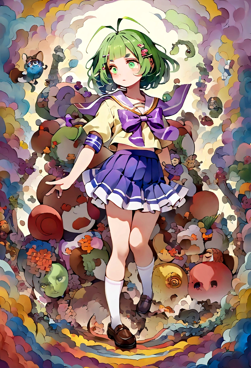 Green short hair，Green Eyes，Purple bow，Hairpin，Purple and sailor collar，Striped sailor suit，Blue pleated skirt，White socks，leather shoes，Antenna Hair，Doudou Eyebrows