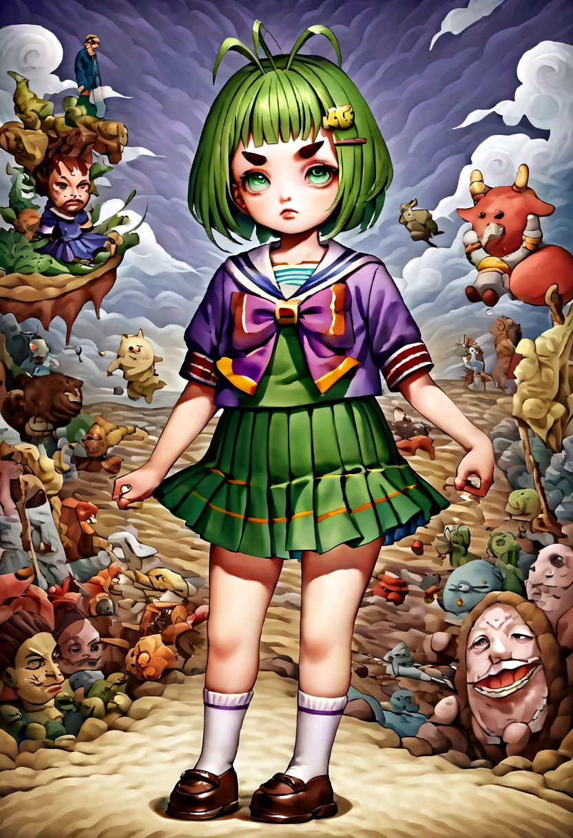 Green short hair，Green Eyes，Purple bow，Hairpin，Purple and sailor collar，Striped sailor suit，Blue pleated skirt，White socks，leather shoes，Antenna Hair，Doudou Eyebrows