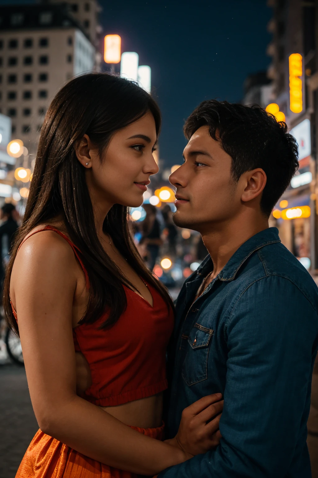 A man and girl watching each other with full of love and glow eye behind the beautiful city in a night.