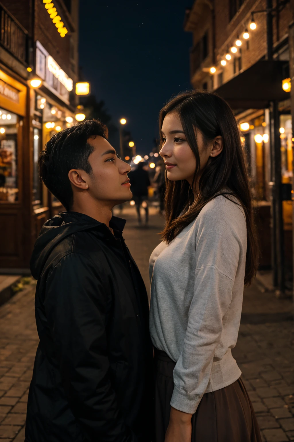 A man and girl watching each other with full of love and glow eye behind the beautiful city in a night.