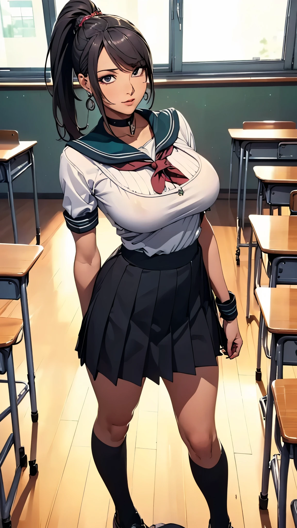 (((highest quality, High resolution, , Pixel Perfect, 4K))),((Correct Anatomy))、((Sailor suit))、(((School classroom))), ((highest quality)), ((Complex and detailed)), ((Black knee-high socks)), ((Mini Pleated Skirt))、An absurd solution, Mature Woman, Mature Woman, perspective, Very detailed,(((Full Body Shot)))、Great style、(Long Hair)、glamorous、Sailor suit、mini skirt、black tights、(((The whole body is visible))), One Woman, ((ponytail)), Perfect hands, Detailed fingers, Beautiful details,  Black choker, Earrings, Black Stockings, Perfect Eyes, Seductive eyes