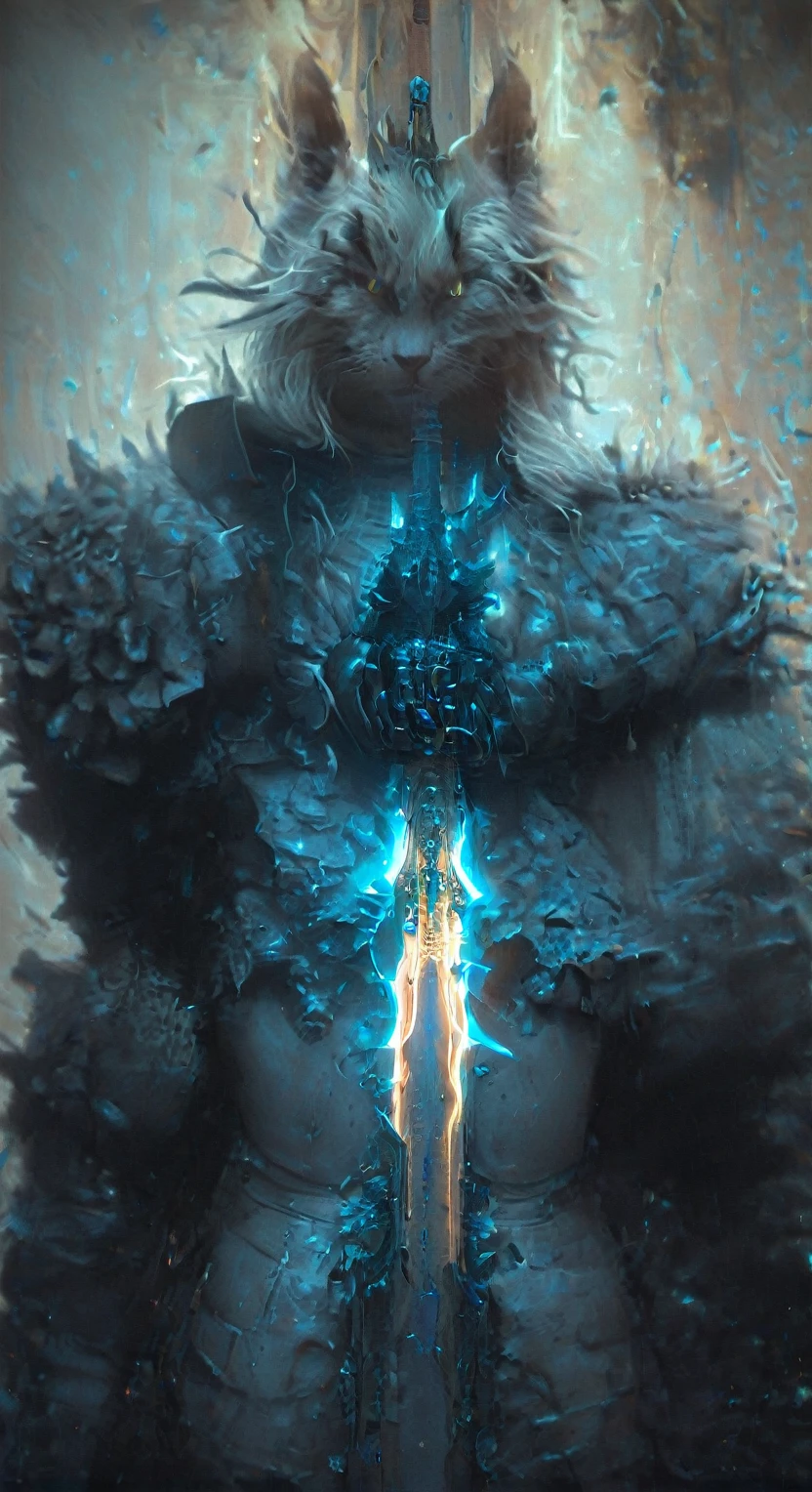 cat knight with cyan glowing eyes, (anthropomorphic cat:1.4), ethereal, angry, dynamic pose, Movie Still, cover art, vertical symmetry, famous artwork by artgerm and guweiz, ninja, hkstyle, (masterpiece, best quality, perfect composition, very aesthetic, absurdres, ultra-detailed, intricate details, Professional, official art, Representative work:1.3)