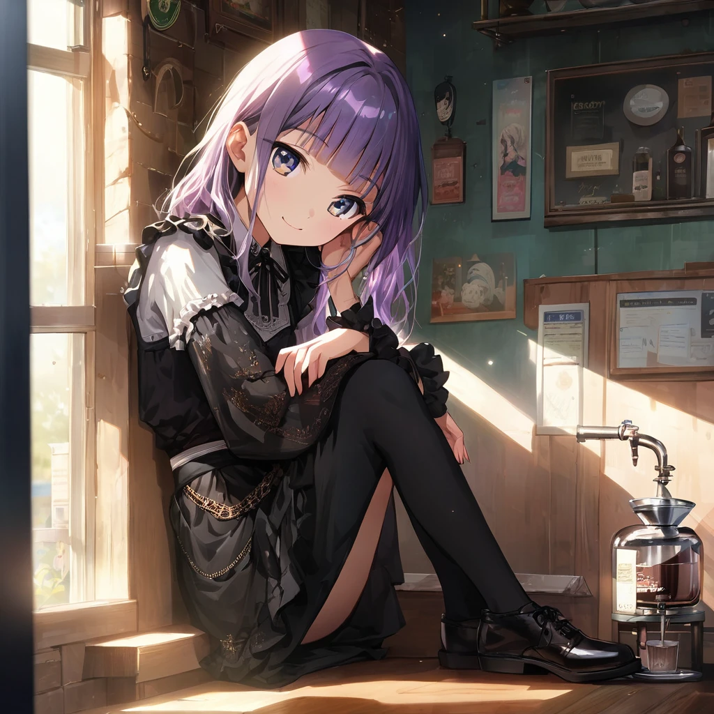 (Cute a girl:1.5), (masterpiece:1.3), anime visual, (Lovey-dovey:1.5), (tilt head:1.3), extremely delicate face, realistic lighting and shading, (an extremely delicate and beautiful art:1.3),15 years old, skinny body shape,big eyes,smiling,blue purpl wavy and blunt bangs hair,green and black eyes,smiling,from front,White brim, black gothic maid outfit, Black knee-high socks,leather shoes,morning lit,A retro coffee shop that brews coffee using a siphon,she is leaning her chin on her hands and looking out the window,