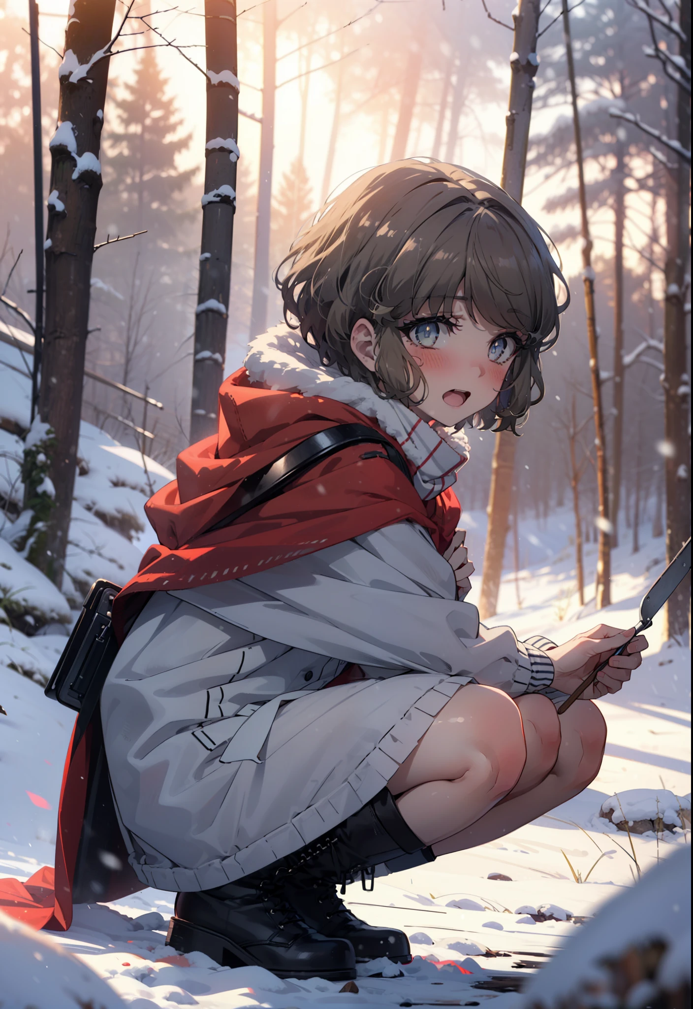 tomoekoga, Chie Koga, short hair, Brown Hair, blue eyes, hair band,smile,blush,White Breath,Mid-chest,
Open your mouth,snow,Ground bonfire, Outdoor, boots, snowing, From the side, wood, suitcase, Cape, Blurred, having meal, forest, White handbag, nature, Squat, Mouth closed, Cape, winter, Written boundary depth, Black shoes, red Cape break looking at viewer, Upper Body, whole body, break Outdoor, forest, nature, break (masterpiece:1.2), highest quality, High resolution, unity 8k wallpaper, (shape:0.8), (Beautiful and beautiful eyes:1.6), Highly detailed face, Perfect lighting, Highly detailed CG, (Perfect hands, Perfect Anatomy),
