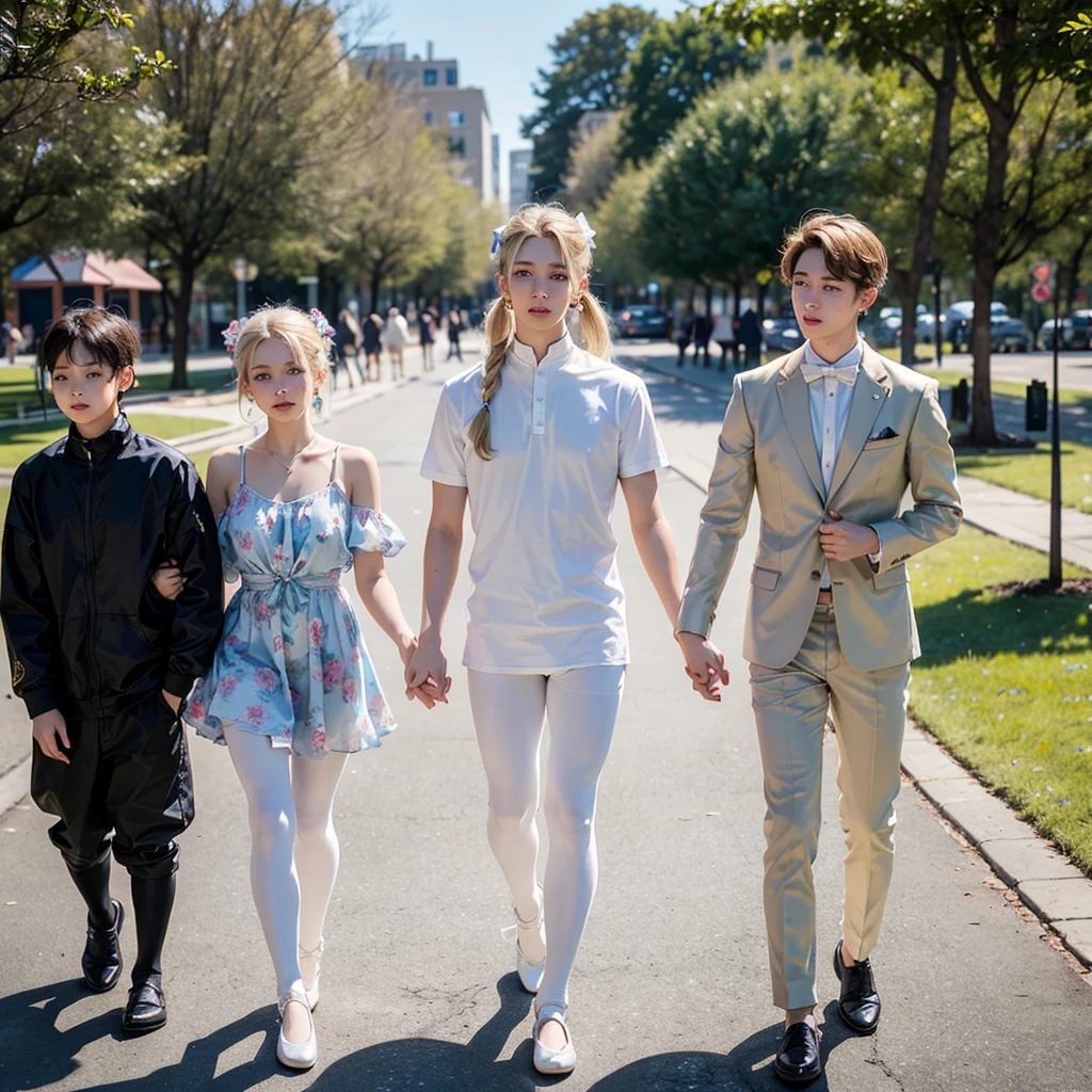 Four Various  Boys In Colorful Kneelenght Dresses With FLOWERY Patterns, White Pantyhose And Ballet Flats, They long Blond Hairs Tied In Twin High Ponytails By Pretty Hair bows. They Have B Size Chest. They Ears Pierced By Pretty Earrings. They Walk Through the Park.