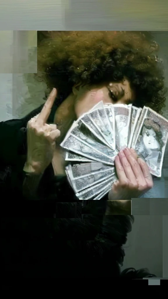 (best quality,4k,8k,highres,masterpiece:1.2),ultra-detailed,realistic,photorealistic:1.37, portrait, money fan covering her face, middle finger, curly afro