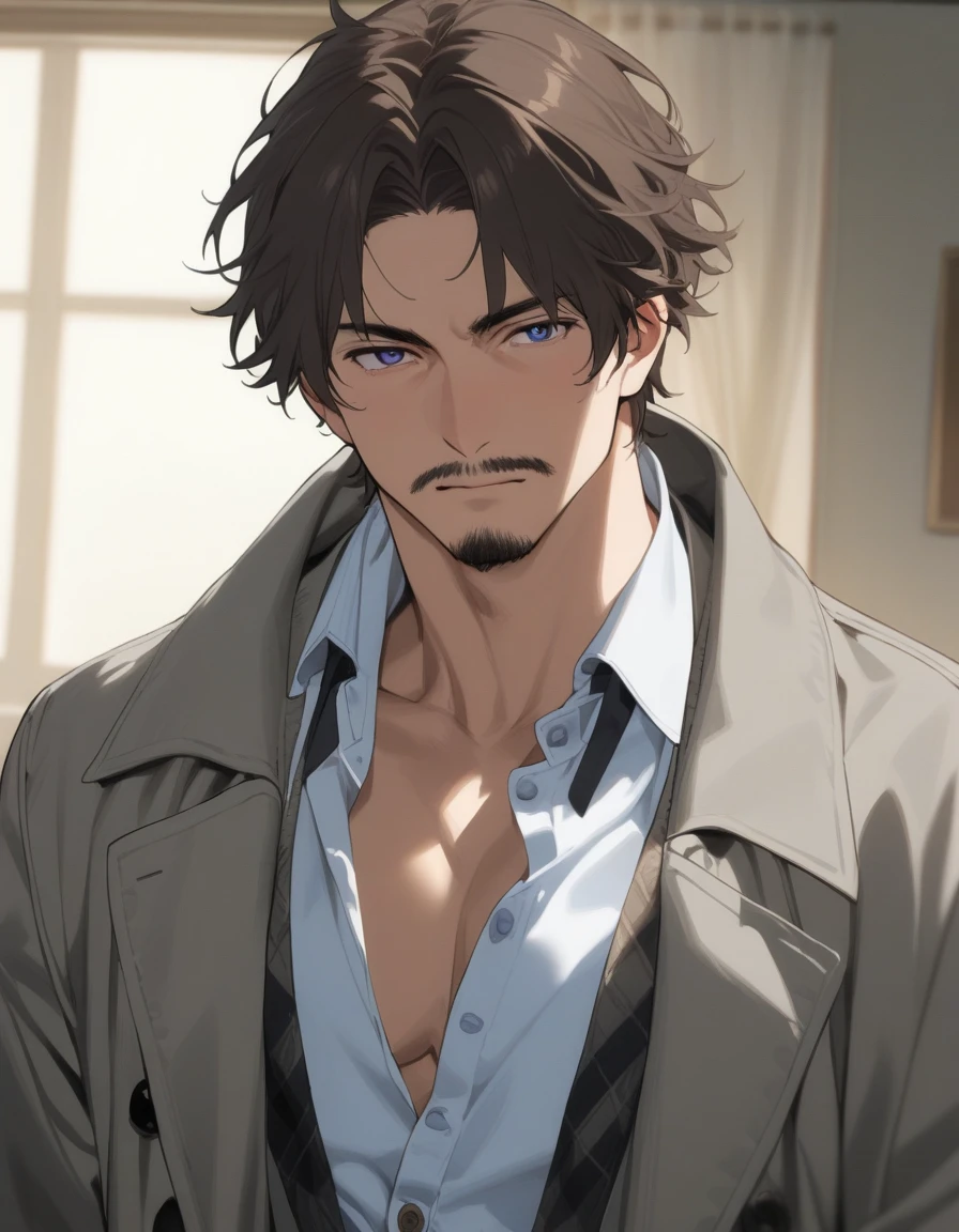 1man, mature male, parted bangs, medium-short hair, brown hair, muscular male celeb, short goatee, short mustache, indigo eyes, dandyism, BREAK solo, white collared shirt, gray trench coat, black neck ribbon, in gentle sasaki style, visual novel, 2010s, extreme all detailed, masterpiece, best quality