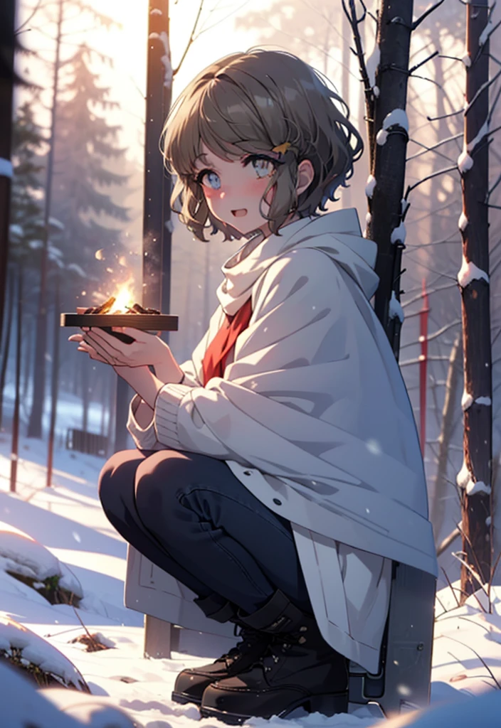 tomoekoga, Chie Koga, short hair, Brown Hair, blue eyes, hair band,smile,blush,White Breath,Mid-chest,
Open your mouth,snow,Ground bonfire, Outdoor, boots, snowing, From the side, wood, suitcase, Cape, Blurred, having meal, forest, White handbag, nature,  Squat, Mouth closed, Cape, winter, Written boundary depth, Black shoes, red Cape break looking at viewer, Upper Body, whole body, break Outdoor, forest, nature, break (masterpiece:1.2), highest quality, High resolution, unity 8k wallpaper, (shape:0.8), (Beautiful and beautiful eyes:1.6), Highly detailed face, Perfect lighting, Highly detailed CG, (Perfect hands, Perfect Anatomy),