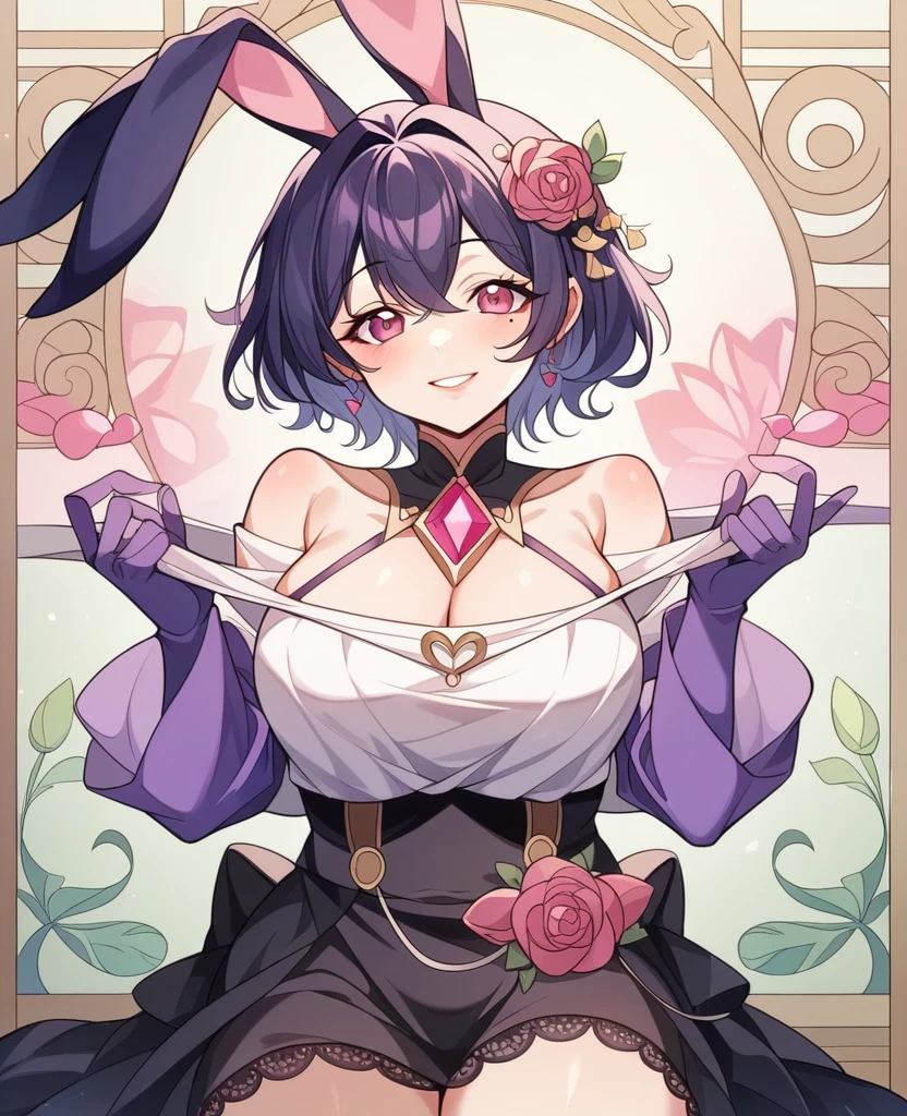 One Girl、Gazing at the audience、
Beautiful pink eyes、Short hair with black and pink inner、Mole under the eye、Plump and glossy lips、Heart-shaped chocolate、Idol、Her name is Rico、smile、ー、。。。。。。。。。。。。。。。。。。。。。。。。。。。。。。。。3D、Real、
Idol衣装、Pink fluffy top、Black fluffy mini skirt、Rabbit-inspired costume、、gem、Floral、Lace trim、On the glittering stage、
masterpiece、highest quality、8k、Detailed skin texture、Detailed cloth texture、Beautifully detailed face、Intricate details、Very detailed、
Ultra-high resolution、8k Ultra HD、Film Grain、Best Shadow、delicate、Gazing at the audience、front