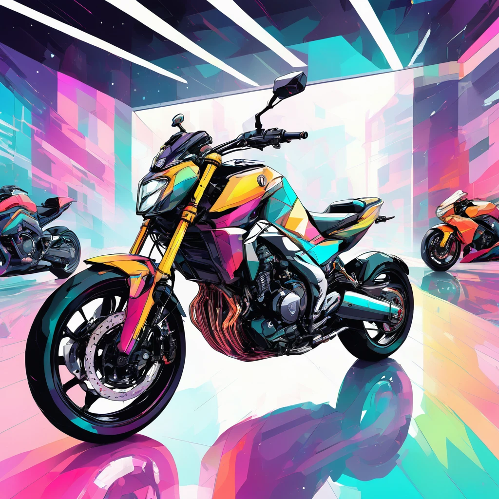 colorful inkpunk style illustration of a futuristic motorcycle in a showroom, moto honda, alta qualidade, foto para papel de parede, wallpaper,