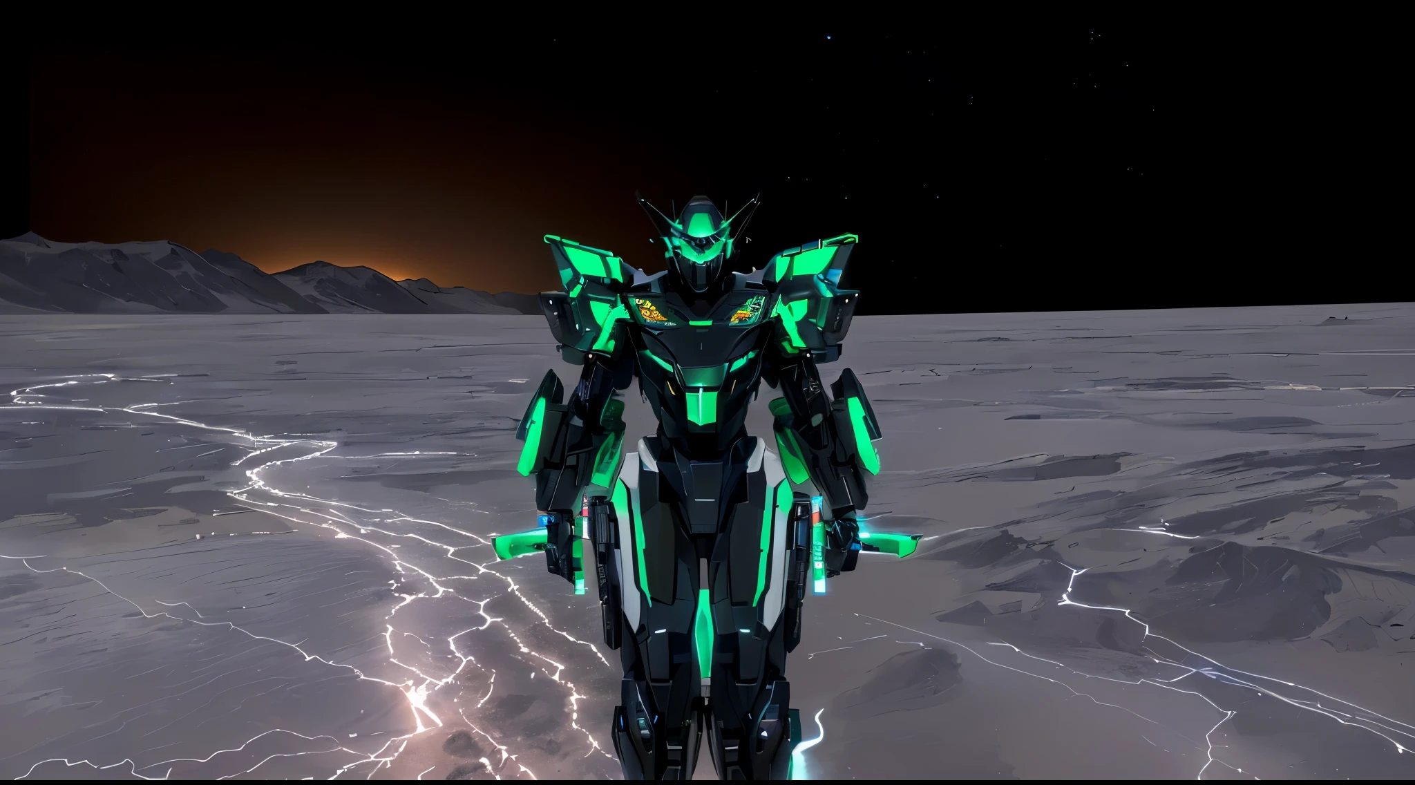 a black colored male transformer with green inserts, symmetrically arranged green parts, on the frontof the body not transparent cabin, on the back - aircraft's wings, arms from elbows to hands look like the front part of a aircraft, wheels are visible on the shoulders, on the legs from knees to the ankle there are aircraft's repulsors and small aircraft's tail wings, no helmet, light blue eyes, two legs, two arms, not a suit, on a background there is an empty dark blue metal desert, no buildings, no structures, dark blue storm clouds, light blue lightning from the clouds, blue river, river to the horizon, electrified river, light blue lightning from the river, space sky, stars in the sky, composition on the metal planet, big metalic planet, dark-blue metal, shiny metal, cybertron, mechanical planet, empty wasteland, dark blue storm clouds, light blue lightning from clouds, blue river, river to horizon, electrized river, light blue lightning from river, space sky, stars on the sky, realistic, watercolor, 4k, high quality, hight attention to details, concept art, concept art by Chris Mowry.