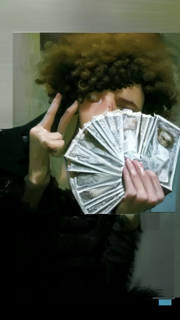 (best quality,4k,8k,highres,masterpiece:1.2),ultra-detailed,realistic,photorealistic:1.37, portrait, money fan covering her face, middle finger, curly afro