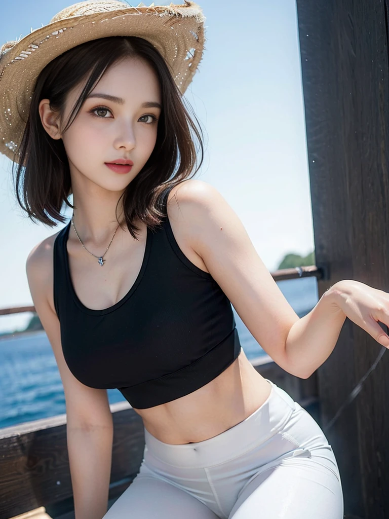 Look here and smile、Colorful summer clothes、top-quality、masterpiece、超A high resolution、(realisitic:1.4)、Very wide lens、a closeup、Beautiful young woman、Beautiful detail eyes and skin、ssmile、Brown short-cut hair、 bust、Small necklace、、a straw fedora hat、、Summer sky、(highest image quality:1.35), high quality, Realistic photo, (A beautiful woman:1.33), beautiful expression, (delicate eyes:1.3), (delicate face:1.3 ) , Smile, (shiny hair:1.2), Super detailed , high resolution, Sporty figure, (big breasts:1.25), (long hair:1.2), (beautiful woman), ( Navel cute:1.2), (Depth of field f/1.8:1.45 ), sharp focus, original photo , (Thin black shirt:1.45), (Thin white pants:1.4), (Thin tight black pants:1.4 ), (sports bra:1.4), (Thick thighs:1.5), (Forward facing:1.25), (cowboy shots:1.4), (Night sports:1.4), (dark sky:1.5 ),
