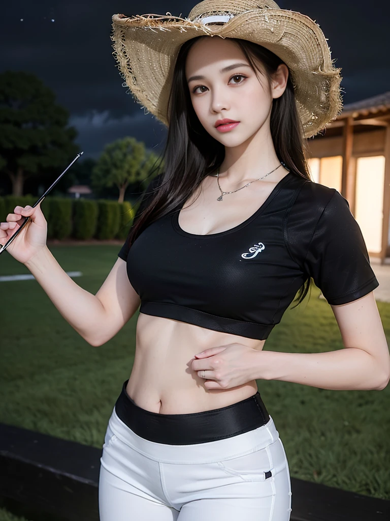 Look here and smile、Colorful summer clothes、top-quality、​masterpiece、超A high resolution、(realisitic:1.4)、Very wide lens、a closeup、Beautiful young woman、Beautiful detail eyes and skin、ssmile、Brown short-cut hair、 bust、Small necklace、、a straw fedora hat、、Summer sky、(highest image quality:1.35), high quality, Realistic photo, (A beautiful woman:1.33), beautiful expression, (delicate eyes:1.3), (delicate face:1.3 ) , Smile, (shiny hair:1.2), Super detailed , high resolution, Sporty figure, (big breasts:1.25), (long hair:1.2), (beautiful woman), ( Navel cute:1.2), (Depth of field f/1.8:1.45 ), sharp focus, original photo , (Thin black shirt:1.45), (Thin white pants:1.4), (Thin tight black pants:1.4 ), (sports bra:1.4), (Thick thighs:1.5), (Forward facing:1.25), (cowboy shots:1.4), (Night sports:1.4), (dark sky:1.5 ),