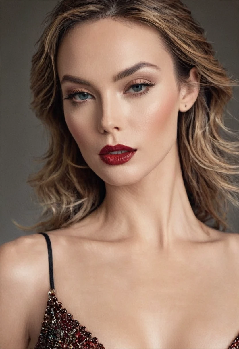  a woman wearing a sleek bodysuit, exuding sensuality as the camera caresses her face, highlighting sharp cheekbones and plush lips. 