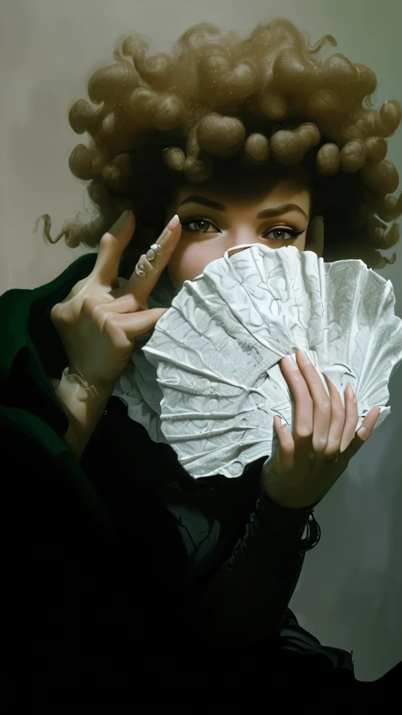 (best quality,4k,8k,highres,masterpiece:1.2),ultra-detailed,realistic,photorealistic:1.37, portrait, money fan covering her face, middle finger, curly afro