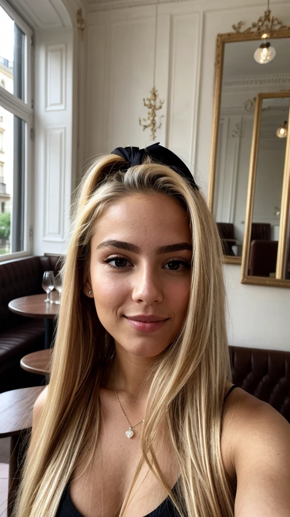 A 23-year-old blonde woman, ((pechos grandes)), ((hiperrealismo)) ,. blonde hair with light brown roots. cabello rubio, Hair with brown roots, cabello extra largo, cabello muy largo, really long hair, ponytail hair, Beautiful, Front view, selfie, photo taken with iPhone, elegant black shirt with escote, escotada, selfie sitting at bistro in Paris, high quality, selfie iPhone, cleavage