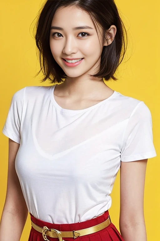a gorgeous lady, age 22, white T-shirt and black skirt, dimpled smile, short bob hair, in a natural pose, photorealistic, beautiful detailed eyes, ample round bosom, hyper-realism, high contrast, ultra HD, realistic skin textures, top image quality, top-quality, super high resolution, fine details, very meticulously, simple yellow background