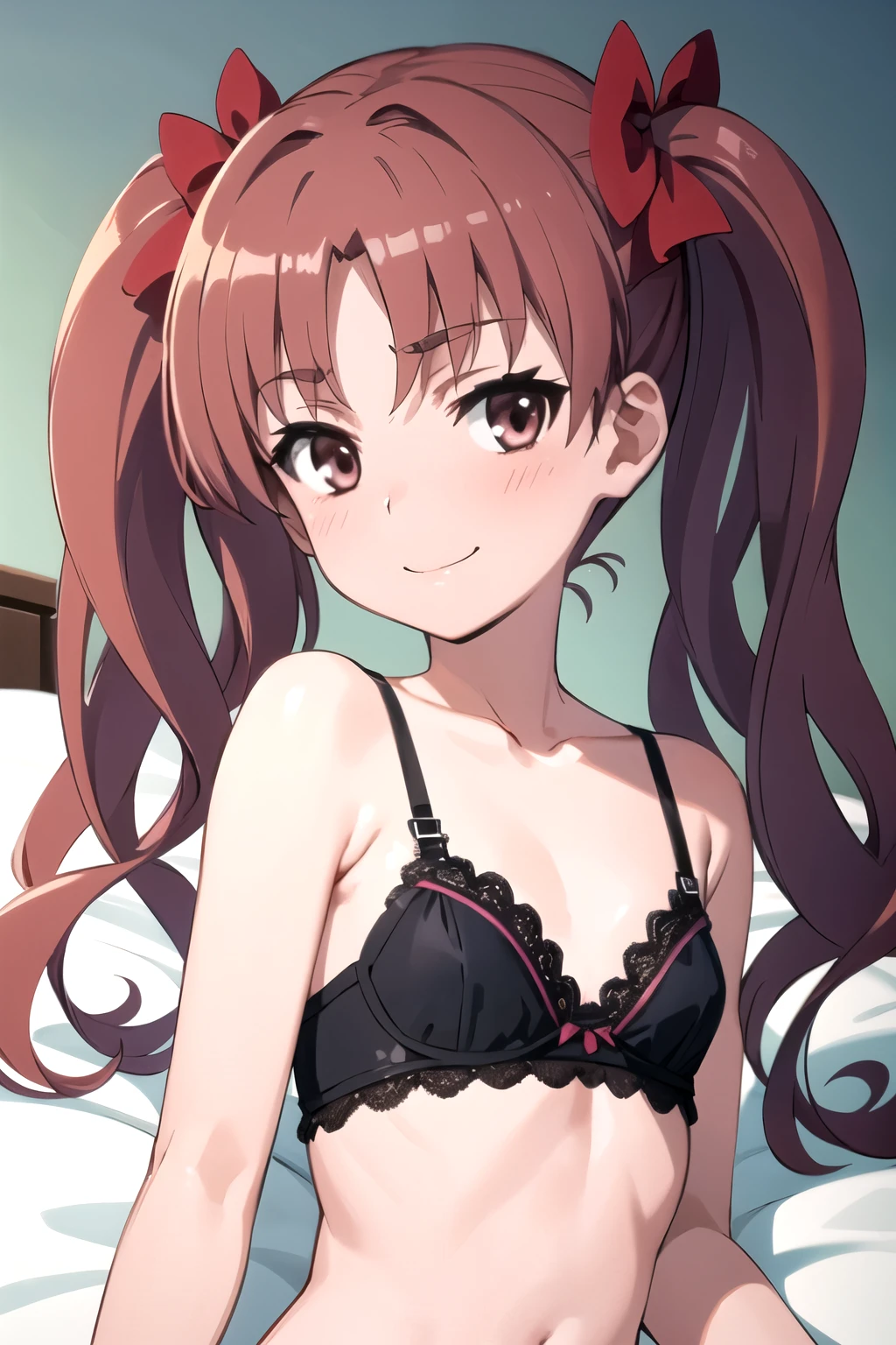 (((pixel-perfect, detail-perfect))), solo, 1girl, shirai kuroko,twintails, brown hair, small breasts, at viewer, smile, ,NSFW,1girl in,(lying),(Portrait),short torso,anime screen cap,Flat color,cel shading,blush,seductive smile,(strong light),((brighten the subject)),[black lace panties],[black lace bra],(lingerie),[perfect anatomy], break background bedroom,bed