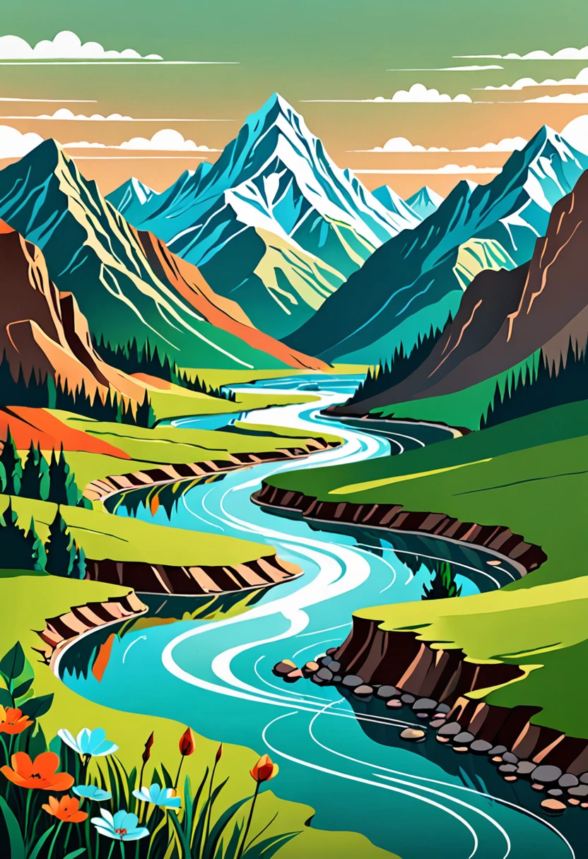 need a piece of digital art to sell online on art and design platforms. The art should be an abstract illustration inspired by nature. The main theme is 'harmony between man and nature'.
**Artistic Style**: Abstract, with fluid lines and organic shapes.
**Visual Elements**:
- A landscape with mountains and a river.
- Stylized human figures integrated into the landscape, almost as if they were part of it.
**Color Palette**: Earthy colors such as greens, browns and blues, with some accents in warm colors such as orange and red.
**Emotions or Atmosphere**: The work must transmit peace, serenity and balance.
**File Format**: PNG
**Resolution**: 300 DPI, minimum size 4000 x 3000 pixels
Additional Instructions:
- Make sure human elements are not too prominent, they should blend smoothly with nature.
- Use a minimalist approach to avoid visual overload.
- The work must be suitable for large prints, so pay attention to details and quality.