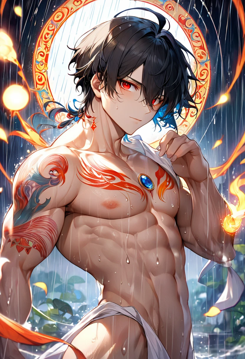 (Absurd, High resolution, Over-detailing), 1 male, grown, cute, 背が高くてmuscle質な男, Broad shoulders, Eyes and face with attention to detail, Beating Magic, winding flame, (masterpiece, Side light, Beautiful Eyes: 1.2), High resolution, (Glowing red eyes)), Upper body naked, (Luminous tattoo), Handsome長髪の男性, Black Hair, muscle, rain, Handsome, To the camera, masterpiece Fool \Tarot\, Bird, clown, Symbolism, Visual Arts, Occultism, universal, Vision Casting, philosophical, Iconography, Fortune telling by numbers, Popularity, artistic, By Alphonse Mucha