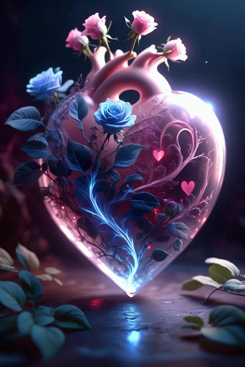 Digital Art,Concept Art,octane rendering,unreal engine,dreamlike scenes,delicate and rich light and color,superb light and shadow effects and color matching,aesthetic and romantic,Surrealistic,magical,fantasist,fantastic,
A glowing [pink|purple] rose and some glowing blue plants in a transparent (heart-shaped:1.5) glass container,
this container in a love story book,extremely romantic mood,nostalgic atmosphere,gentle light and lingering composition,depth of field,DONMW15PXL,