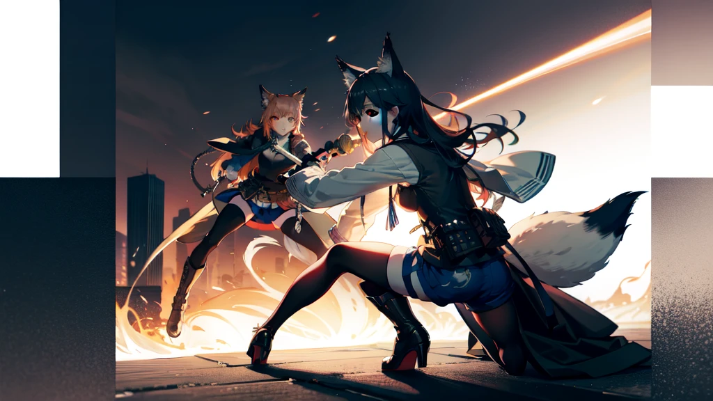 Best quality, highly detailed, masterpiece, ultra detailed, full body, 1 girl, (white background), simple background, delicate eyes, ), girl with orange hair and fox ear, red eye, wearing kimono japanese fighting scene, fighting demon, dinamic lighting, demon slayer, dinamic effect, cinematic light, anime screenshot