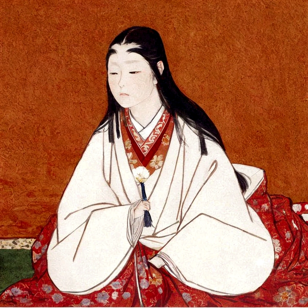 A painting of a woman sitting on a bed with a red blanket, by Kazumasa Miyagawa, by Shigenobu Yanagawa, by Takanobu Kano, by Kano Masanobu, by Flower Room One Long II, by Fujiwara Takanobu, by Sawa Sekkyō