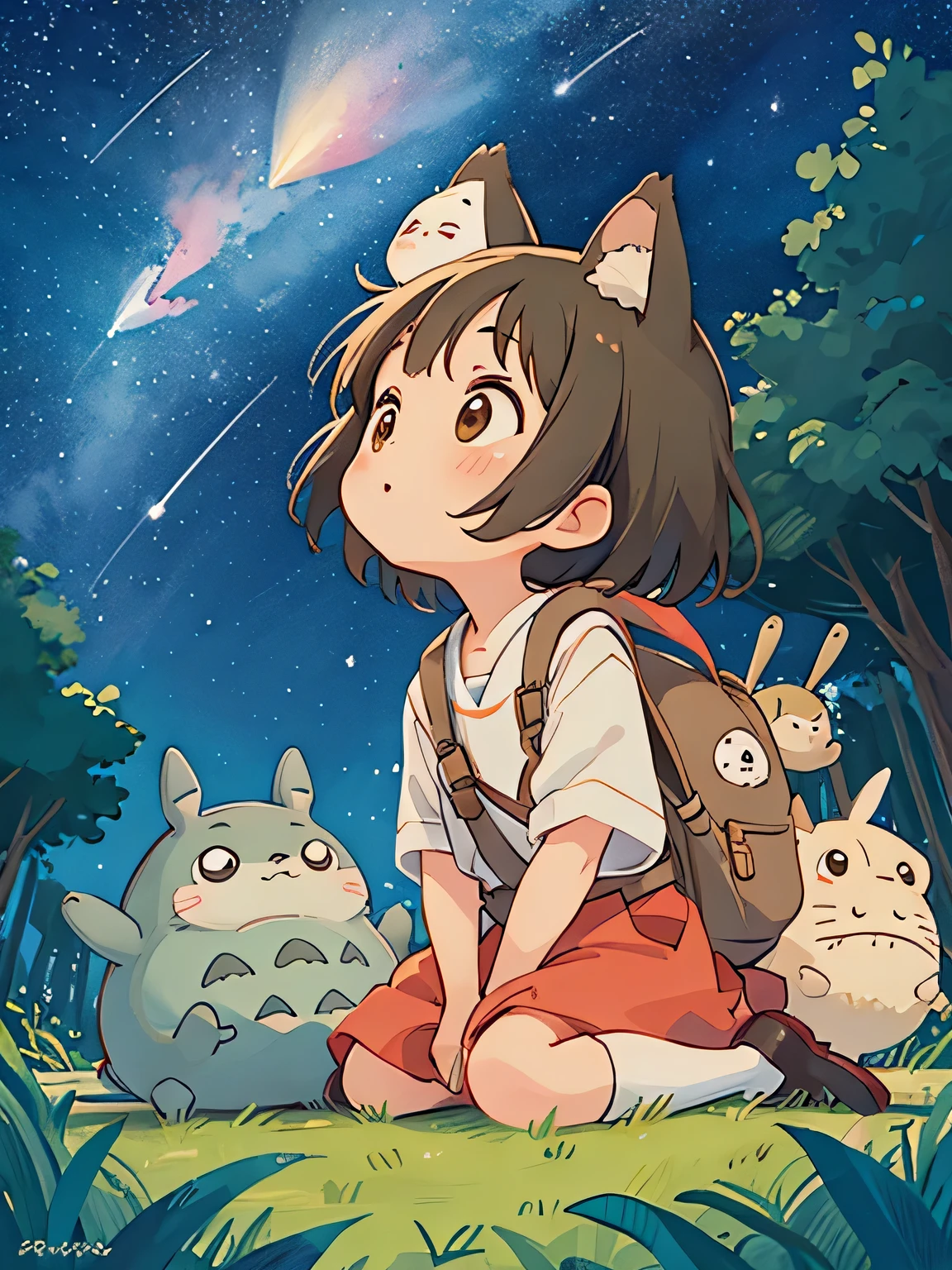 Hayao Mayazaki style, Kawaii Design, The most beautiful girl of all time、Chibi, Looking up at the night sky, totoro, shooting star, Cute Animals