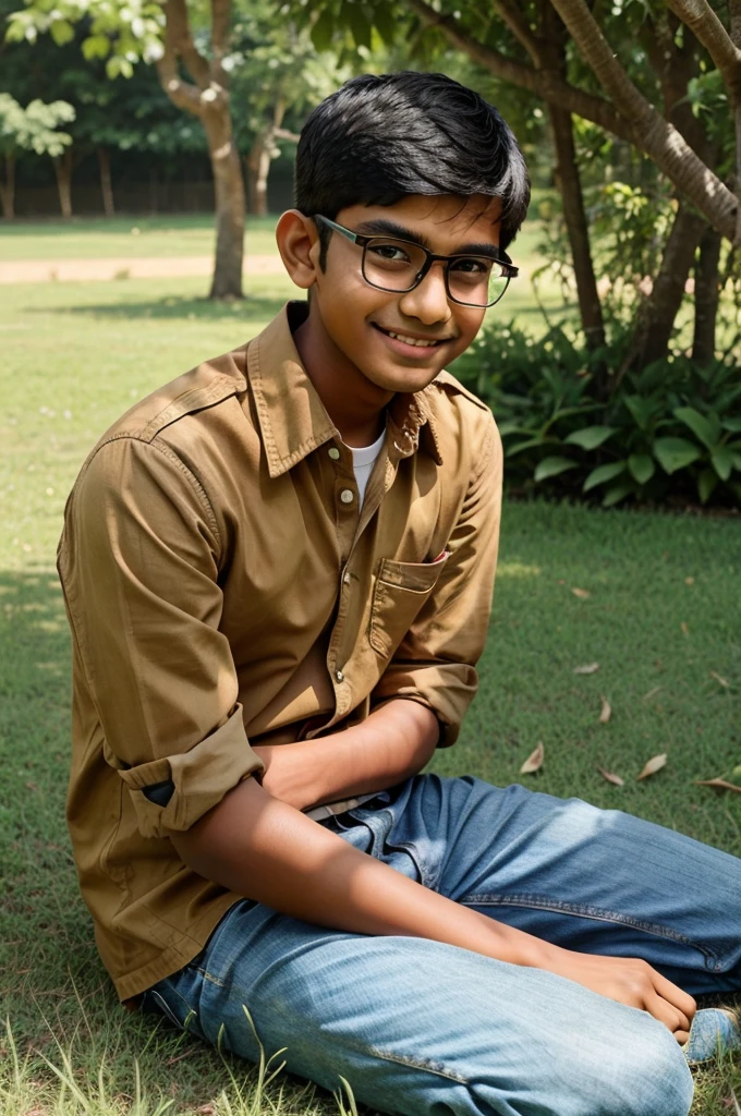 Tall  indian boy wearing specs and sitting on grass smilling with little bit bulky nose and good jawline 