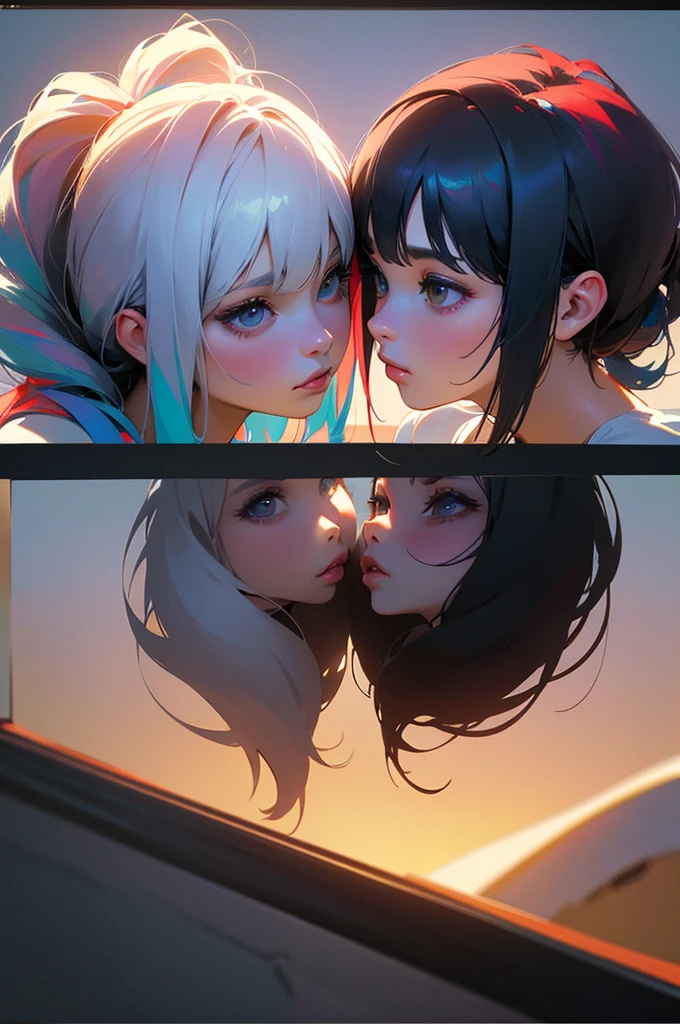 2 girls, staring at each other, side view, close, multicolored hair, high res, masterpiece, supershar, high quality, masterpiece, HD, love themed background, love, high res, masterpiece, supersharp, nsfw, Best quality, Masterpiece, Ultra-high resolution, (photograph realistic:1.4), surrealism