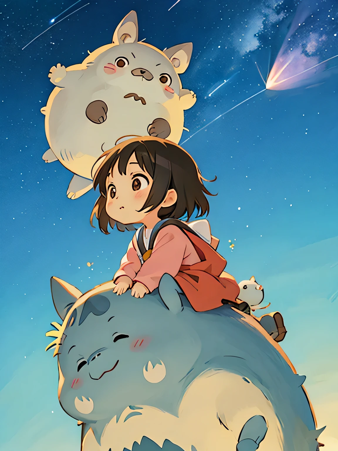Hayao Mayazaki style, Kawaii Design, The most beautiful girl of all time、Chibi, Looking up at the night sky, totoro, shooting star, Cute Animals