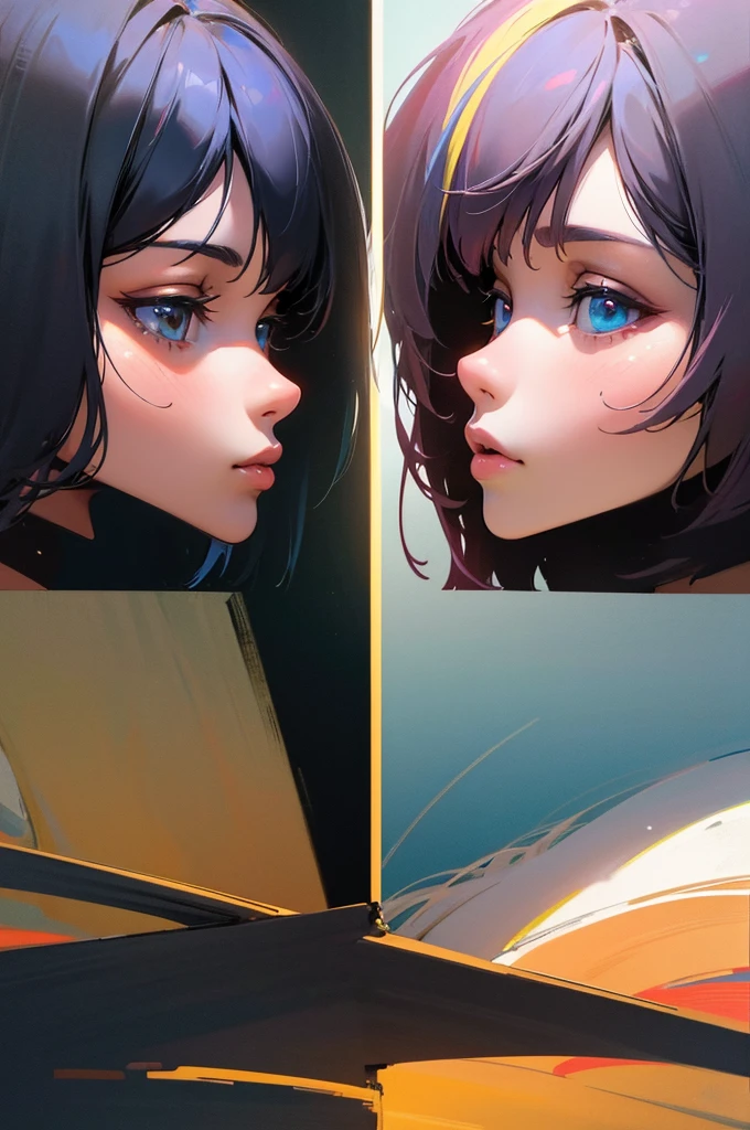 2 girls, staring at each other, side view, close, multicolored hair, high res, masterpiece, supershar, high quality, masterpiece, HD, love themed background, love, high res, masterpiece, supersharp, nsfw, Best quality, Masterpiece, Ultra-high resolution, (photograph realistic:1.4), surrealism