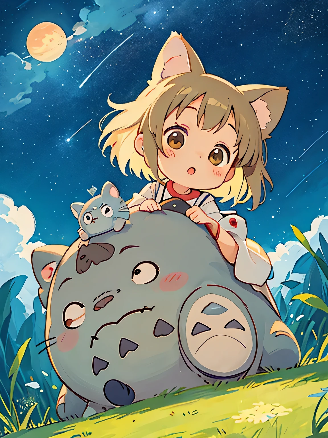 Hayao Mayazaki style, Kawaii Design, The most beautiful girl of all time、Chibi, Looking up at the night sky, totoro, shooting star, Cute Animals