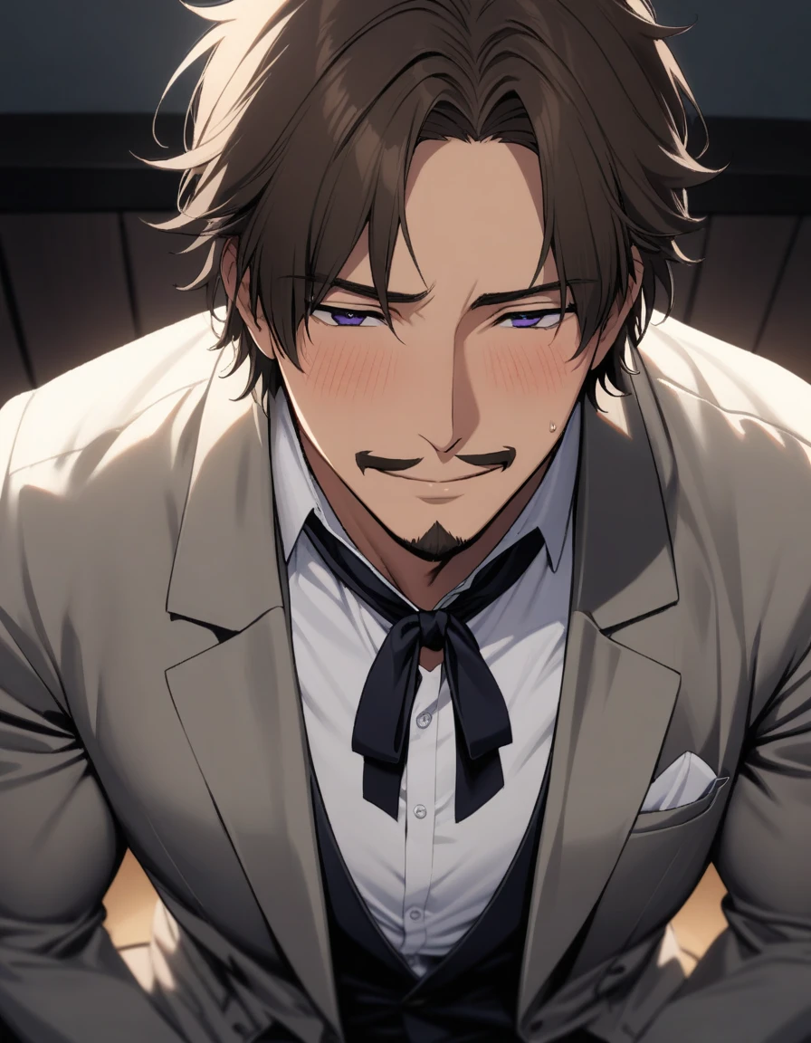 1man, mature male, parted bangs, medium-short hair, brown hair, muscular male celeb, short goatee, short mustache, indigo eyes, gentleman, elegant netori male, BREAK solo, white collared shirt, gray trench coat, black neck ribbon, romantic mood, POV, shy smile, in gentle sasaki style, visual novel, 2010s, extreme all detailed, masterpiece, best quality