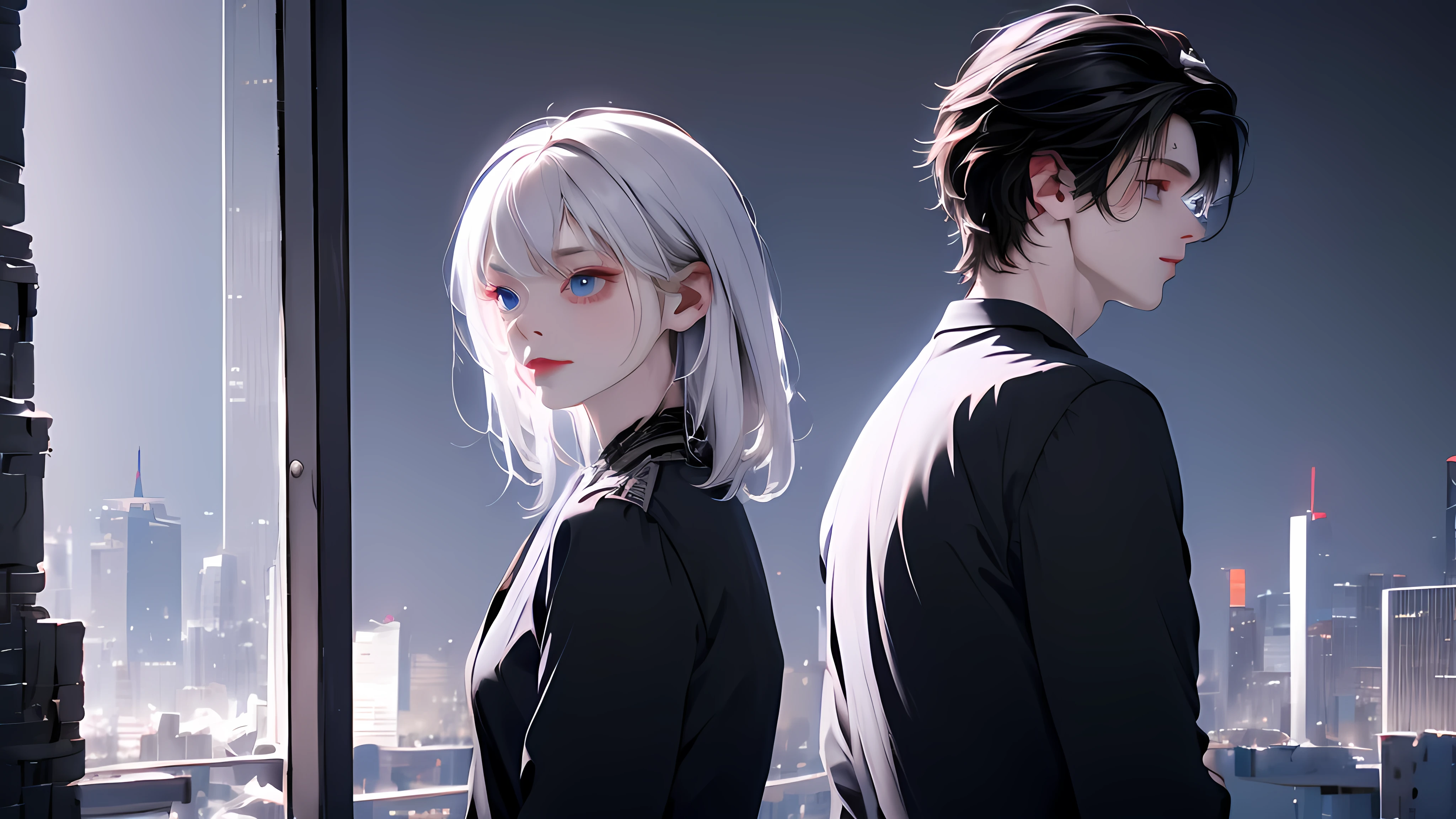 1 Boy&Girl , Boy medium light black hair, Girl medium light white hair, light blue eyes, wearing black suit, night city, 18+ , high res, ultrasharp, 8K, masterpiece, looking from behind