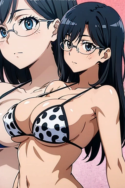 (anime cel style, megami magazine, poster style, best quality, high resolution, sharp image, 8k wallpaper, masterpiece), (beautiful detailed eyes, beautiful detailed face), Konori Mii, glasses, (black hair, medium hair), blush, (huge breasts), polka dot bikini, (upper body, standing), simple background, (perfect detailed anatomy, perfect detailed body, perfect arms, perfect fingers, shiny skin)