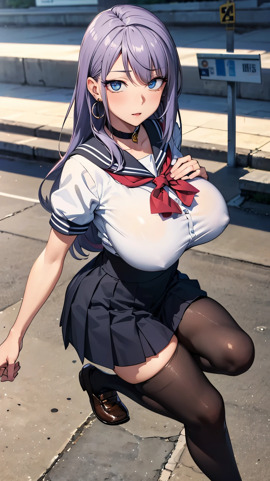 (((highest quality, High resolution, , Pixel Perfect, 4K))),((Correct Anatomy))、((Sailor suit))、((school uniform))), ((highest quality)), ((Complex and detailed)), ((Black knee-high socks)), ((Mini Pleated Skirt))、An absurd solution, Mature Woman, Mature Woman, perspective, Very detailed,(((school uniformコスプレ)))、Great style、(Long Hair)、glamorous、Sailor suit、mini skirt、black tights、(((The whole body is visible))), One Woman, ((Big Breasts)), Perfect hands, Detailed fingers, Beautiful details,  Black choker, Earrings, Black Stockings, Perfect Eyes, Seductive eyes