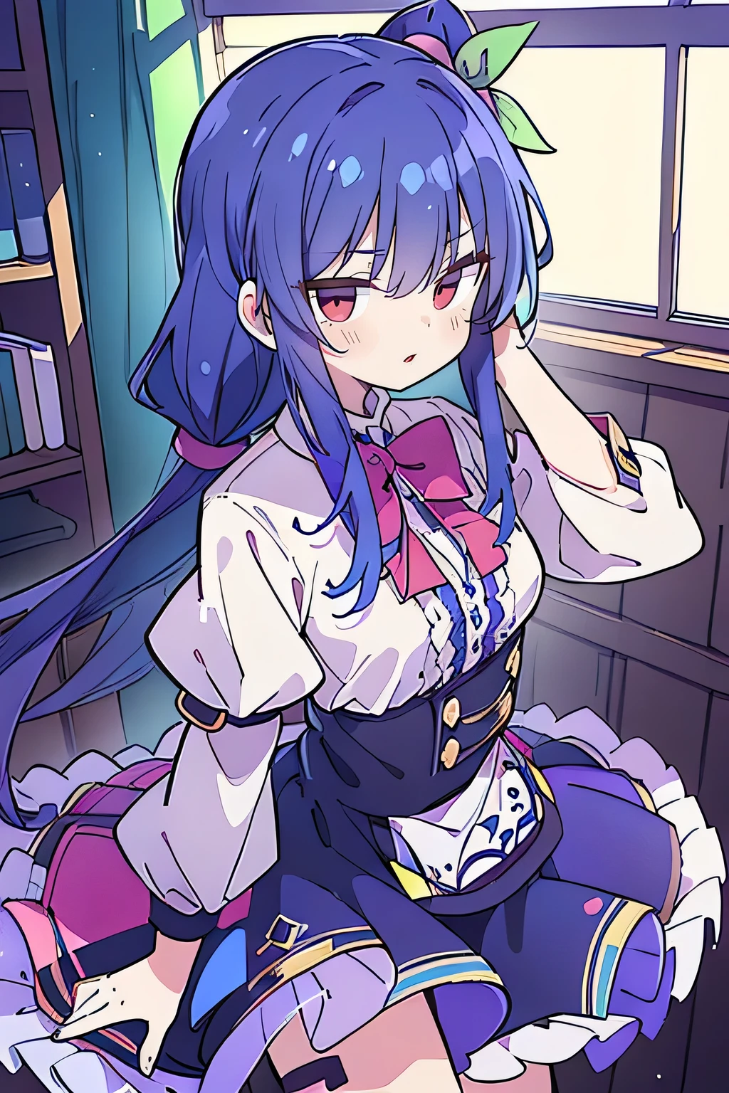 (Best Quality: 1.3), (Masterpiece: 1.3), (Illustration: 1.3), (Ultra Detailed: 1.3), (Imide Lens: 0.9), 1girl, Medium Breasts, Purple Eyes, ((Dark Blue Hair) ), hair accessories, young, clothing-gladiia, long hair, dark blue hair, indoors, black shorts, high socks, low ponytail, expressionless, upper body, close-up, coat, skirt,